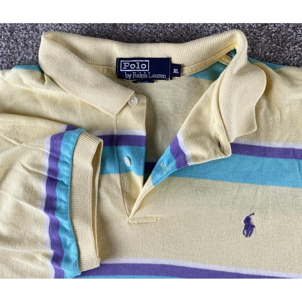 Polo Ralph Lauren Yellow/Purple/Blue Striped Made In USA Polo Mens XL Pony Read
